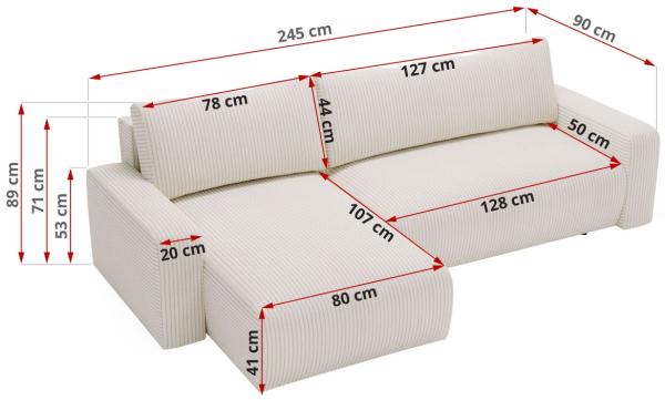 Ecksofa L-form, mit Schlaffunktion und Bettkasten - ARGOS - Creme Cord Bild 6