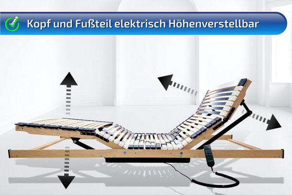 Lattenrost mit Motor elektrisch, Buchenholz bis 350 Kg,Tragkraft LIEFERUNG bis SCHLAFZIMMER, Matratzen Perfekt, Kopfteil motorisch verstellbar, Fußteil motorisch verstellbar, Notabsenkung & Netzfreischaltung, Größen 90x200 cm, 100x200 cm, 140x200 cm, 120x...
