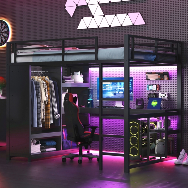 Merax Kinderbett 140x200cm Metall-Gaming-Hochbett mit LED, Schreibtisch, offenem Kleiderschrank und Ablagefächern, Schwarz