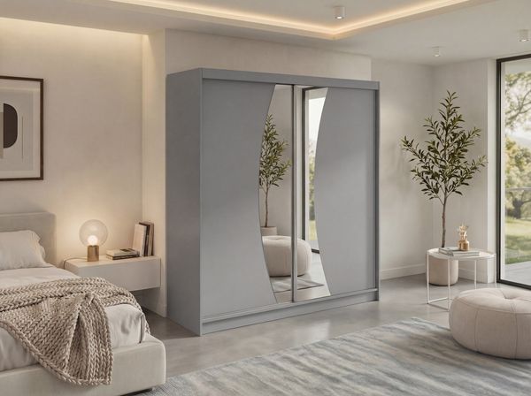 Schwebetürenschrank VERONA mit großer Spiegelfront, moderner Kleiderschrank, Breite 200 cm - Grau, inkl. Innenausstattung - mit Schubladen