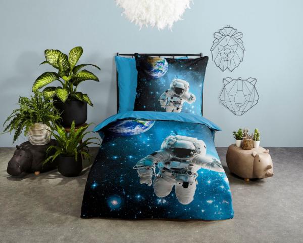 good morning Kinderbettwäsche Astronaut, Renforcé, 2 teilig, Baumwolle, 135x200, Reißverschluss, Wende, Kind, Junge, Weltall, Blau