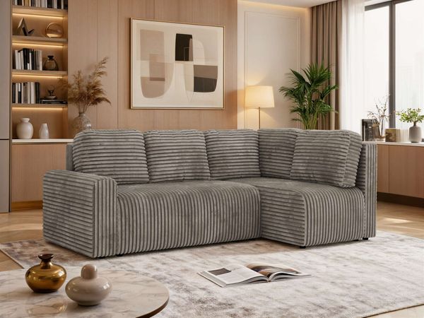 Eckcouch NESSARO COR L mit Schlaffunktion, L-förmiges Sofa mit DL-System, Bettkasten, Bonellfederkern, Sofa mit Stauraum - Hellbraun Cord - Rechts Seite
