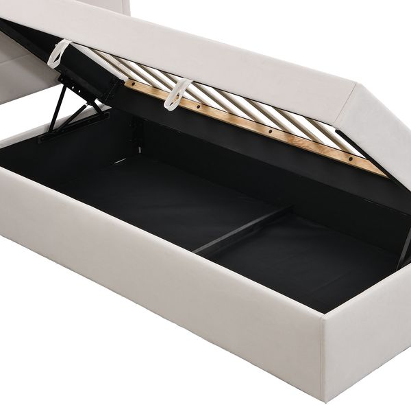 Polsterbett, 90 x 200, Einzelbett mit Lattenrost aus Metallrahmen, Großer Stauraum, Ohne Matratze, Beige, 200x90cm. Bild 10