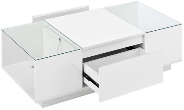 KLAM HOME Couchtisch 105 cm moderner, minimalistischer Couchtisch mit Stauraum (Mit LED-Stimmungsbeleuchtung, Glasplatte und 2 Schubladen), Sofatisch für das Wohnzimmer
