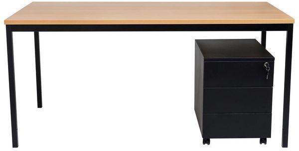 Schreibtisch und Stahl Rollcontainer, 3 Schübe, Buche, 140X80X75 cm