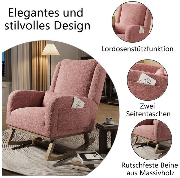 FUROKOY Schaukelstuhl Schaukelsessel mit Holzsockel und Rückenlehne (Set, 1 St), 2 Seitentaschen,1 Lendenkissen,Teddysamt,Rosa