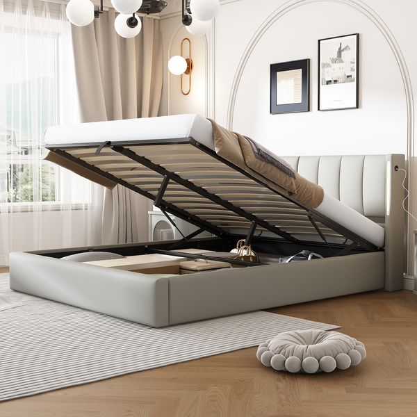 Polsterbett 140×190 cm mit Bettkasten, LED und verstellbarem Kopfteil, Grau