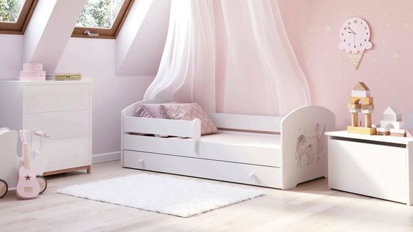 Dmora - Kinderbett Opole, Kinderbett für Schlafzimmer, Einzelbett mit Kommoden, Struktur mit ausziehbarem Bett, 85x164 h63 cm, Weiß mit Einhorn