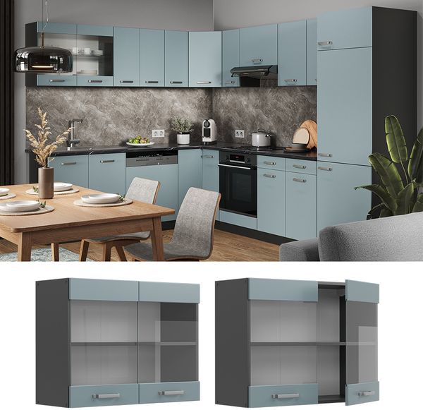 Küchenglasschrank R-Line Blau-Grau 80 cm Vicco Bild 2