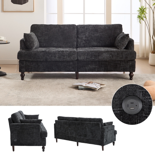 LVHOM 2-Sitzer Sofa mit USB&LED, Zweier Polstersofa Chenille Bezug, Loveseat 175x83 cm mit Zierkissen, Mid-Century Stil, Schwarz