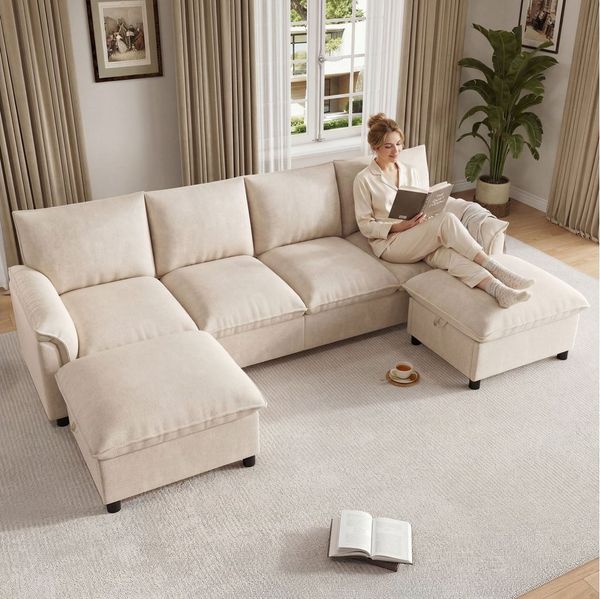 Merax Ecksofa U-Form Sofa, 4-Sitzer Cloud-Sofa mit 2 Fußhockern, mit Bettkasten, 1 Teile, Modulares Ecksofa, Chenille Couch Mit Stauraum, Soffa, Wohnzimmersofa