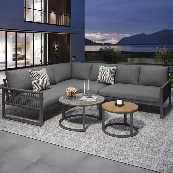 OKWISH Sofa Gartenmöbelset,mit verzinktem Eisengestell, Garten-Lounge-Set für 6-7 Personen, modernes Ecksofa mit verzinktem Eisengestell, wetterfesten Kissen, verstellbaren Beinen und zwei eleganten Couchtischen. 5 Teile, mit Relaxfunktion