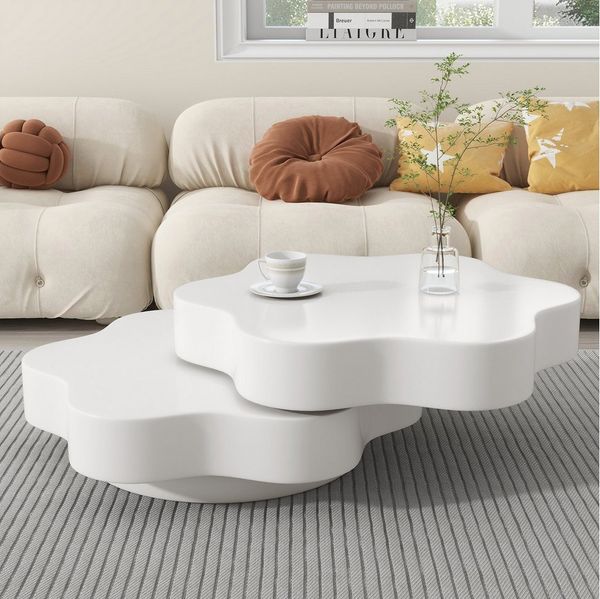 Merax Couchtisch Blumenförmiger Sofatisch Drehbarer Beistelltisch in Cremeweiß (Flexibler Sofatisch für kleine Wohnungen, 1-St, 74,8x67.5x31cm), Wohnzimmertisch mit 360°-Tischplatte & Doppelschichtigem Design