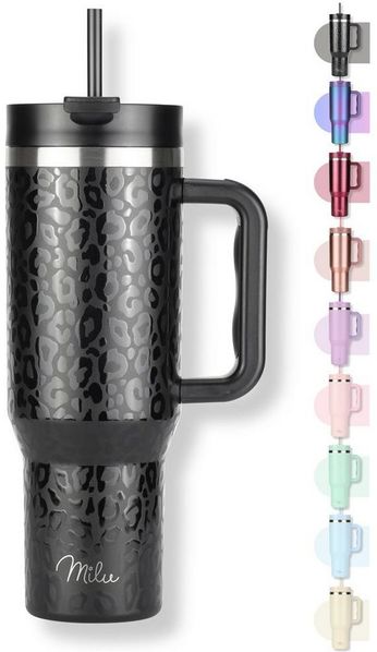 Milu Thermobecher 1,2L Tumbler Black Leopard, mit Strohhalm und Henkel, Edelstahl, Trinkflasche, 3D Design, schwarz