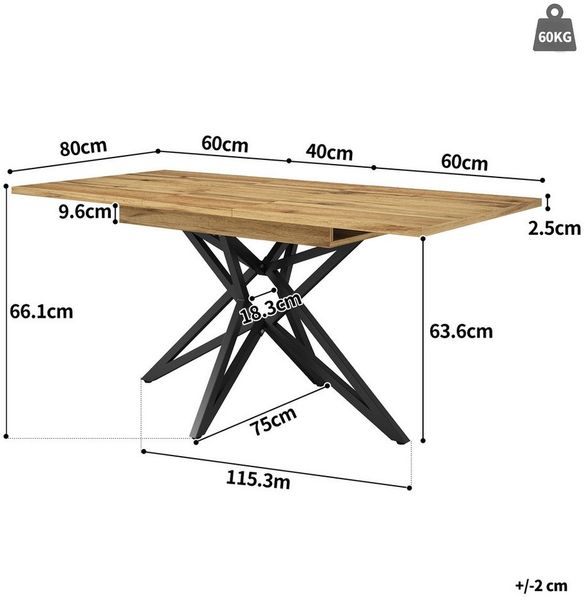 Celya Esstisch Ausziehbarer Esstisch 120 (160) x 80 cm, ausziehbarer Küchentisch (Tischplatte aus Walnussholz/Marmorimitat), Frühstückstisch, sternförmige Tischbeine, schwarze Eisenbeine