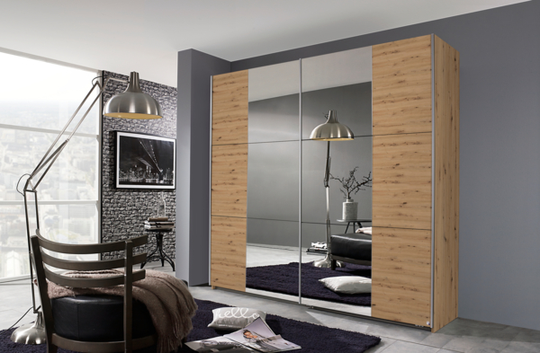 rauch Kleiderschrank; Schwebetürenschrank KRONACH, 2-türig, 2 Spiegeltüren, Eiche Artisan, 218x210x59xcm