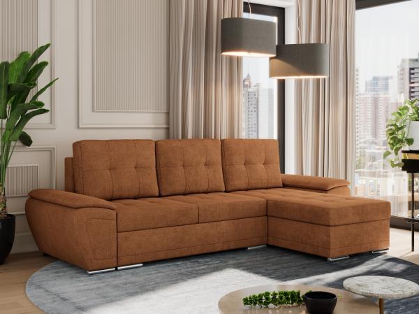 Universelles Ecksofa mit Schlaffunktion, Bettkasten und losen Kissen, gesteppte Sitzfläche - UMBRIA - Orange Stoff