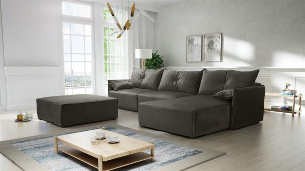 Ecksofa mit Schlaffunktion HUNTER in Royal Dunkelgrau Ottomane Rechts inkl. Hocker