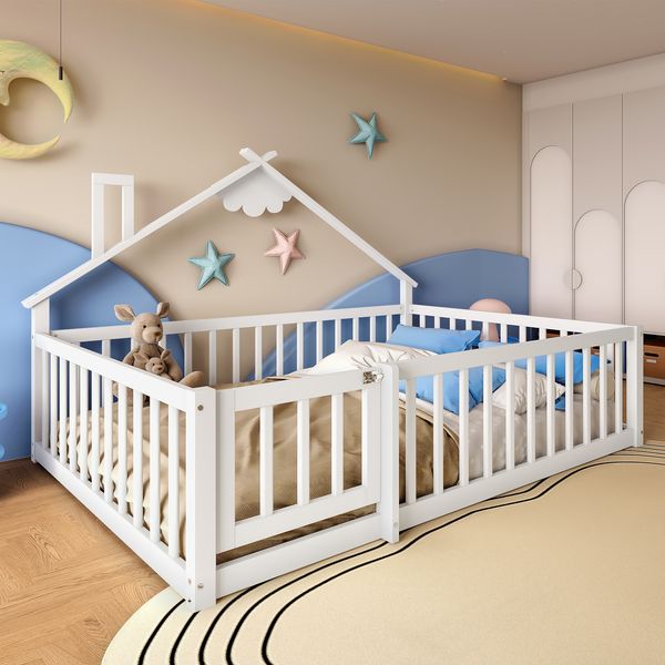 Kinderbett 140×190 cm im Hausdesign mit Rausfallschutz Weiß, ohne Matratze
