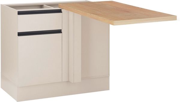 Nizza Eckunterschrank 115 x 90 x 60 cm, Seidengrau – Moderner Küchen-Unterschrank mit Soft-Close und schwarzen Metallgriffen