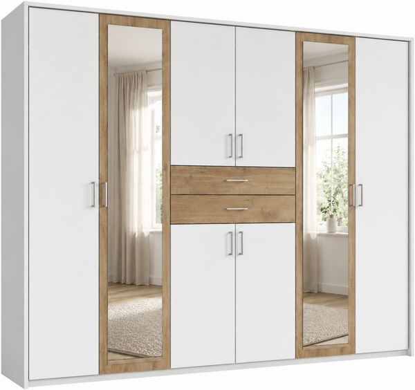 Drehtürenschrank Kleiderschrank 273cm Schublade Spiegel Passepartout Weiß Eiche