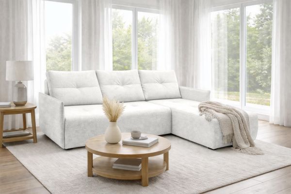 AX LIVING Ecksofa Damascus Weiß mit Schlaffunktion Bettkasten Schlafsofa 212 cm rechts