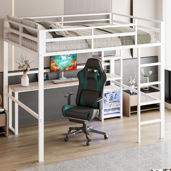 Hochbett 140x200 cm, Metallrahmen, integrierter Schreibtisch mit USB/Type-C, Regale & Geländer, Weiß