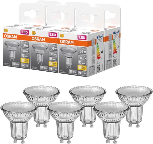 OSRAM LED-Spot Star PAR16 Reflektor, 2700 K warmweiß, 3,7 W, GU10, 36°, 350 lm, klar, für Spotbeleuchtung, Akzentlicht, Vitrinen, 15.000h, Warmweiss
