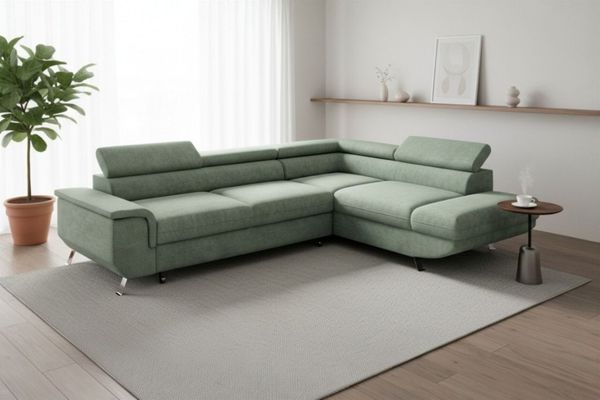 Ecksofa mit Schlaffunktion PLATO Sofa in Stoff Onega Flaschengrün Ottomane Rechts