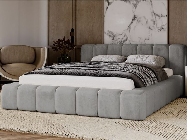 GRAINGOLD Ibiza Polsterbett 140x200, mit Bettkasten, Kopfteil und Lattenrost, Velour-Stoff, Grau