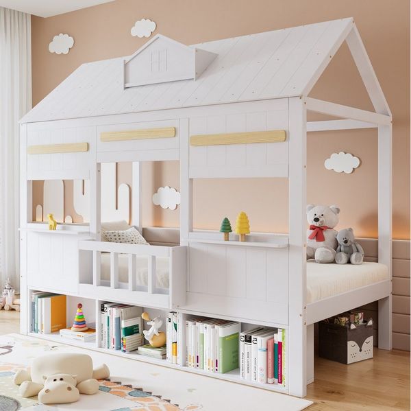 Flieks Kinderbett, Halbhochbett Hausbett 90x200 cm mit einer Reihe Regal unter dem Bett