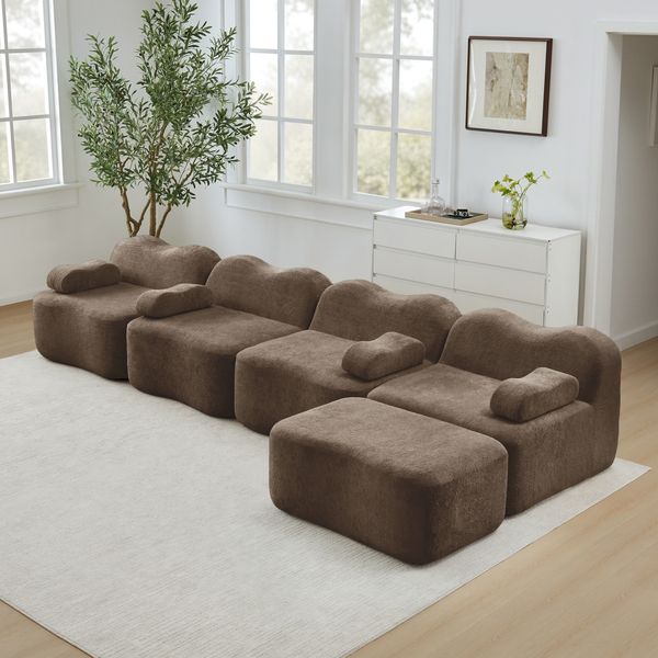 Modulares Sofa aus Samt, 2–4-Sitzer, Wellenform, 384 x 167 x 70 cm, ohne Montage, Braun