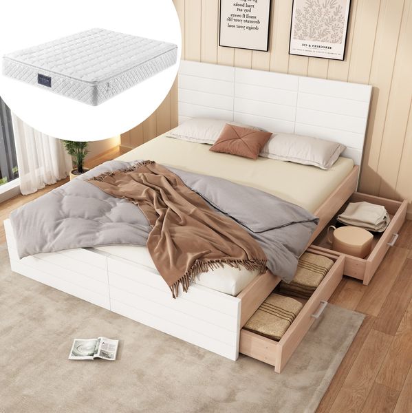 Bett 140x200 cm mit Stauraum – Weiß/Eiche, inkl. Lattenrost und variablen Schubladen