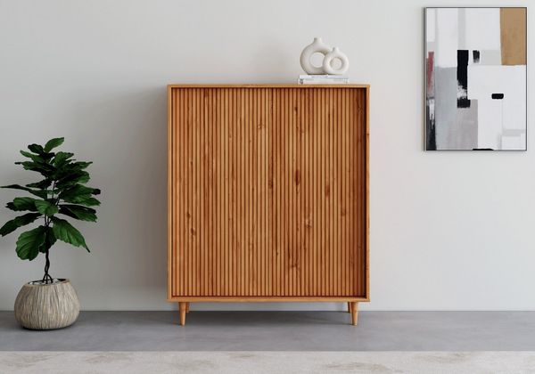 OTTO home Highboard Malmedy Front mit gefrästen Rillen, Kommode Midischrank aus massivem Kiefernholz, Push-to-open, B 100 cm