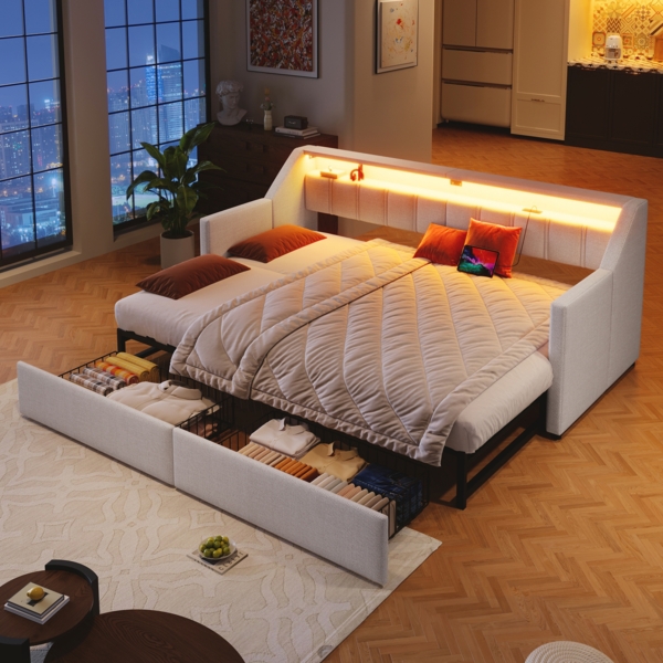 Daybett Tagesbett Schlafsofa Mit USB und Type-C LED-Leiste mit Fernbedienung Mit 2 Schubladen Stauraumtaschen Multifunktionales Ausziehbett Ohne Matratze Beige 90 x 200 cm