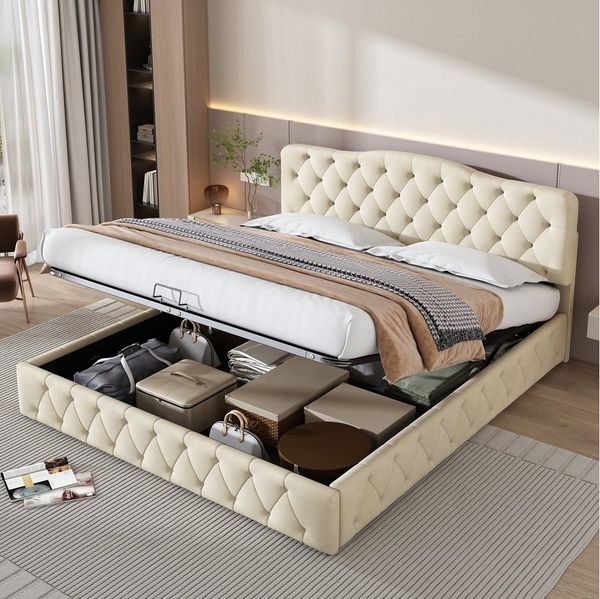 REDOM Polsterbett Doppelbett Bett hydraulisches Funktionsbett (mit Lattenrost und höhenverstellbares Kopfteil, 180x200 cm, mit Matratze (Dicke 20cm), Einfache Montage, Samt,beige