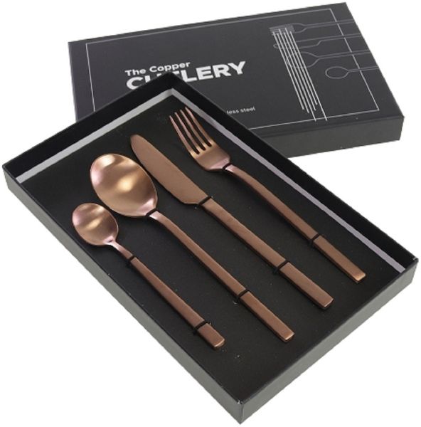 Besteck Set 4-teilig in Kupfer Matt. Messer, Gabel, großer und kleiner Löffel
