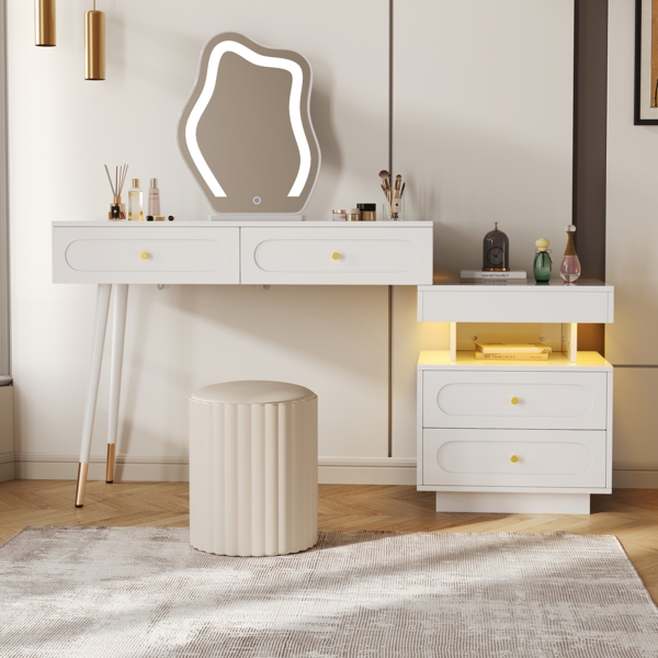 Moderner Schminktisch mit LED-Beleuchtung, 4 Schubladen, großer Spiegel, Touchscreen, flexibler Seitenschrank, weiß Hochglanz, multifunktional als Schreibtisch & Kosmetiktisch, 130cmx40cmx140cm, Weiß