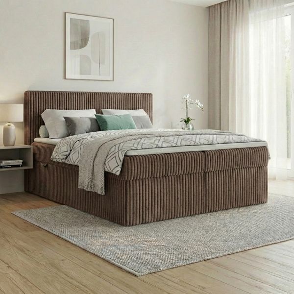 Boxspringbett RALF 180 x 200 cm mit Bettkasten, Topper und gepolstertem Kopfteil. Farbe: Braun, Härtegraden: H3 , Topper: Visco-Topper
