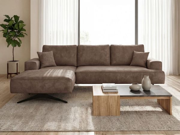 GRAINGOLD Ecksofa L-Form Leto, Wohnzimmer Ecksofa, Metallbeine, Velvet-Stoff, Braun, Links