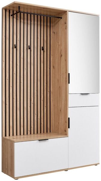 moebel-dich-auf Kompaktgarderobe MONTE CARLO (mit Spiegel in Artisan Eiche, Weiß, Flurgarderobe BxHxT 122 x 195 x 35 cm) mit Bank, Paneel, Schuhkommode, Schubkasten und Spiegelschrank