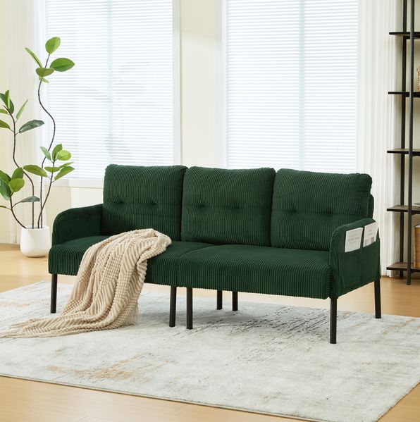 3-Sitzer-Sofa 171 x 72 x 80 cm mit Seitentasche – Cordbezug in Emerald und Metallgestell