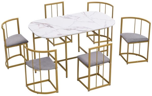 IDEASY Essgruppe 7-tlg, Esstisch+6 Esstischstuhl mit Rückenlehnen und grauen Polstern, (Sechs-Stuhl Esstischset, Weißer Tisch, Gold/Schwarz Eisengestell), Moderne Esstischkombination, 4 kleinen Hockers und 2 großen Hockers