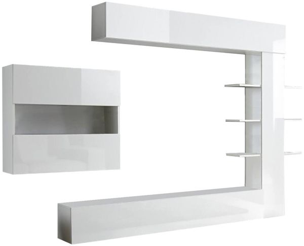 Dmora Wohnzimmermöbel Aragosta, Modulares Wohnzimmerset, Mehrzweck-Wohnzimmermöbel, TV-Schrank, Made in Italy, 295x30 h187 cm, Glänzendes Weiß und Weiß
