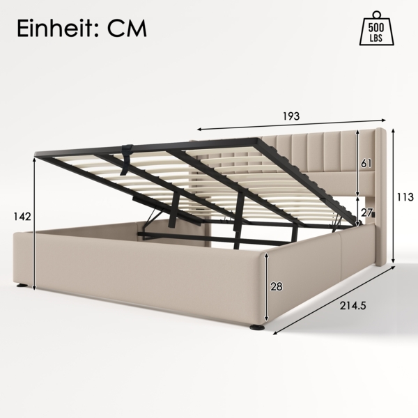 Polsterbett 180x200 cm mit Stauraum und hydraulischem Lattenrost, gepolstertes Kopfteil, Massivholz Metallbett in Beige Bild 7