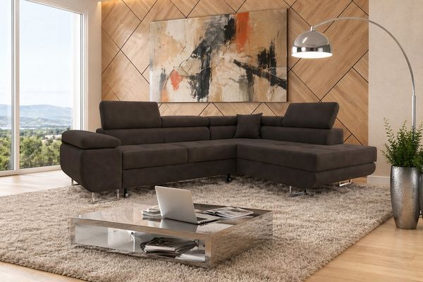 M-Punkt24 Ecksofa DUBAI, Samtstoff, Ottomane rechts oder links, Kopfteilverstellung, Bettkasten