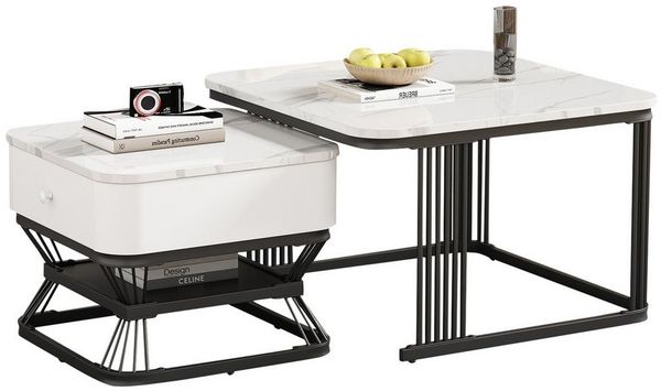 Merax Couchtisch im Marmoroptik mit Metallrahmen (2er Set)