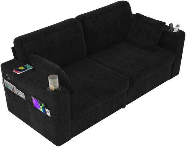 Sofa 172x75x82 cm in Schwarz, Chenille-Bezug, 2-Sitzer mit USB-Anschlüssen, Stauraumschubladen und Getränkehaltern Bild 7