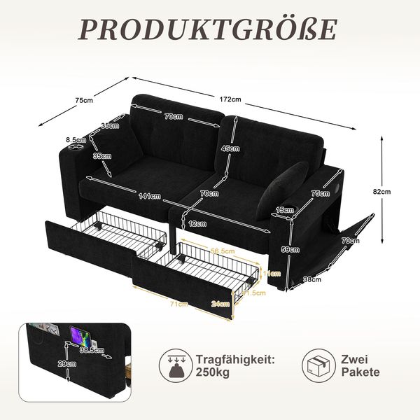 Sofa 172x75x82 cm in Schwarz, Chenille-Bezug, 2-Sitzer mit USB-Anschlüssen, Stauraumschubladen und Getränkehaltern Bild 5