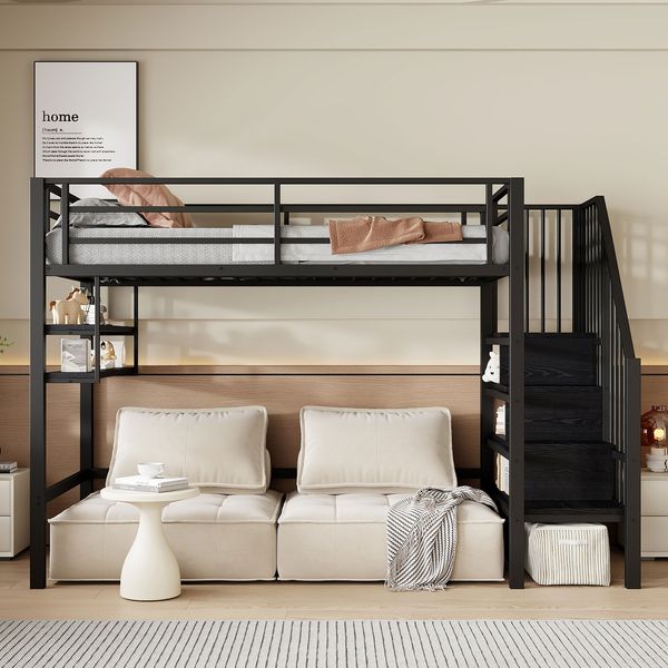 Hochbett Liegefläche 90x200 cm aus Metall und MDF mit Regalfächern, Stauraumleiter, Rausfallschutz, Schwarz, ohne Matratze